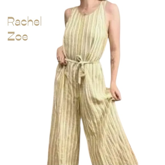 Rachel Zoe Cream Yellow Striped Linen GardenGirl Boho Chic Jumpsuit NWOT Size 12 - Picture 1 of 11